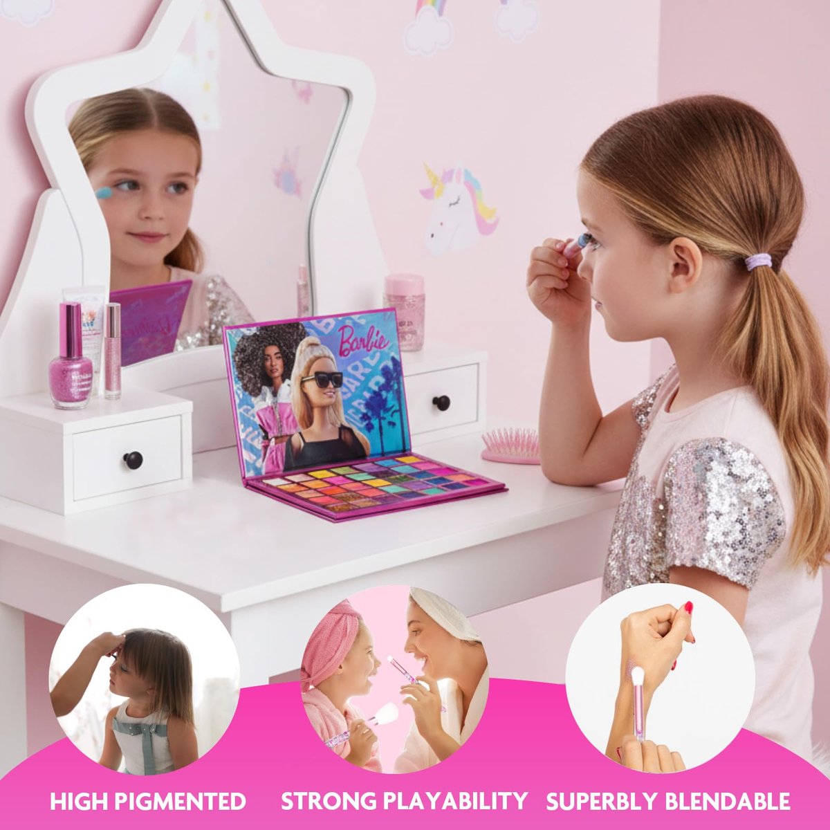 Barbie 35-Well Shadow Palette – Shimmery & Opaque Eyeshadows for Kids & Teens, Pigmented & Blendable, Includes 8 Brushes, by Townley Girl - görsel 15