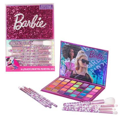 Barbie 35-Well Shadow Palette – Shimmery & Opaque Eyeshadows for Kids & Teens, Pigmented & Blendable, Includes 8 Brushes, by Townley Girl