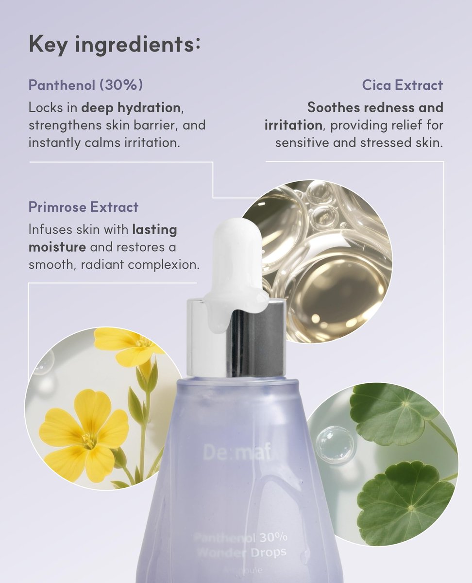 De:maf Panthenol 30% Wonder Drops Ampoule – Instant Calming Serum for Sensitive Skin, Korean Skincare Avelisse