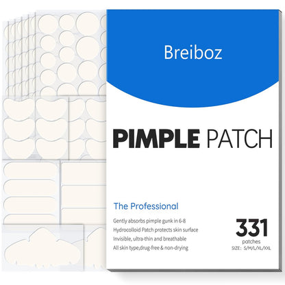 Breiboz Pimple Patches for Face & Body, 331 Patches Variety Pack with Large Sizes, Invisible Hydrocolloid Acne Patch with Tea Tree Oil & Salicylic Acid, Overnight Zit Stickers for Blemishes & Spots, All Skin Types