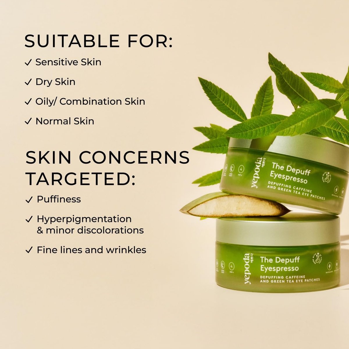 Yepoda The Depuff Eyespresso - Depuffing Caffeine & Green Tea Eye Patches - Reduce Puffiness & Rejuvenate Tired Under Eyes - Vegan Korean Eyepatches for All Skin Types - 60 Patches (3.17 oz) Avelisse