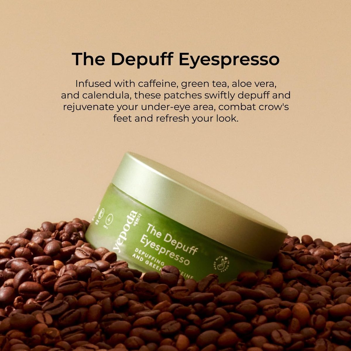 Yepoda The Depuff Eyespresso - Depuffing Caffeine & Green Tea Eye Patches - Reduce Puffiness & Rejuvenate Tired Under Eyes - Vegan Korean Eyepatches for All Skin Types - 60 Patches (3.17 oz) Avelisse