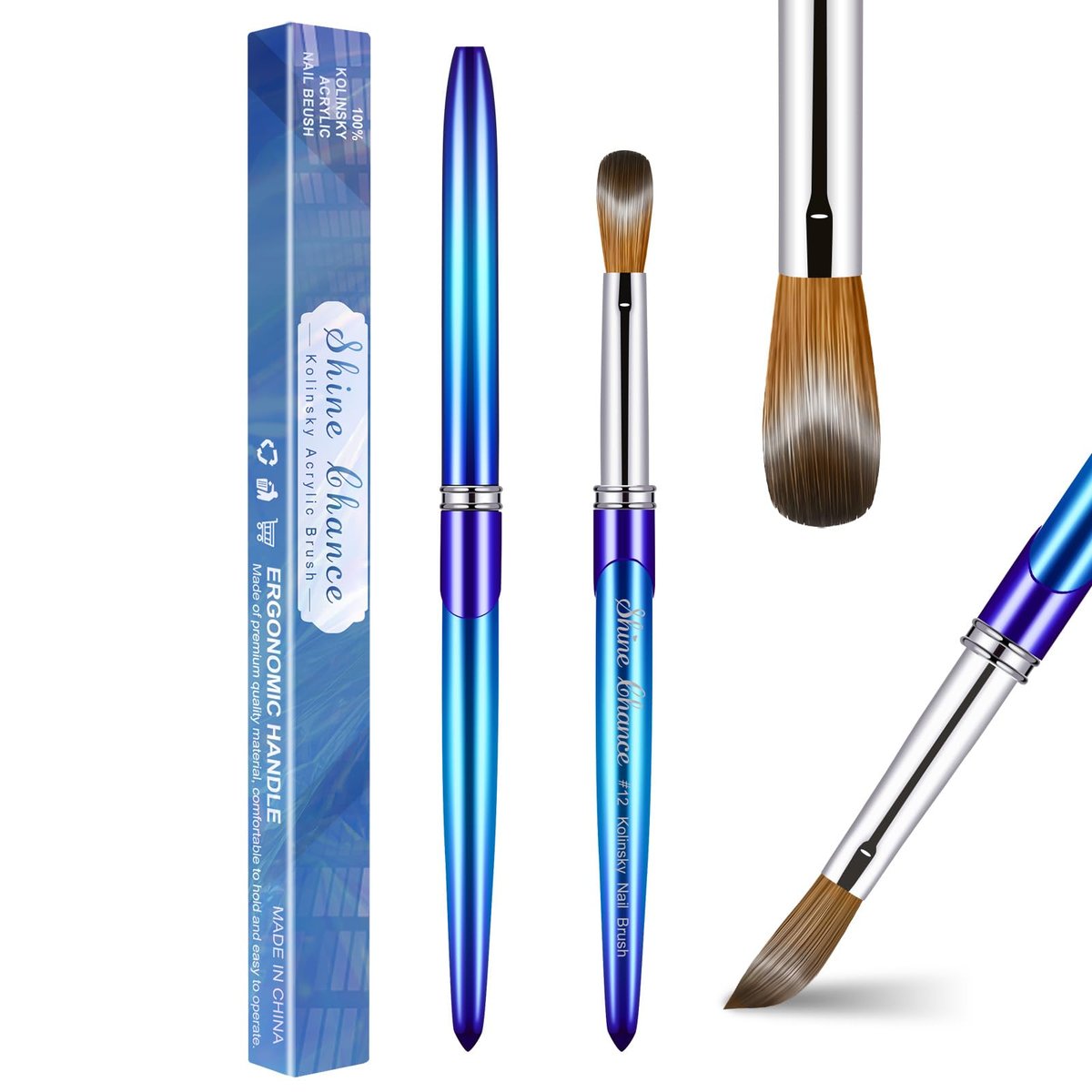 Shine Chance Acrylic Nail Brush - Size 12, 100% Pure Kolinsky Sable 3D Art Nail Brush & Application Tool - Gradient Blue Handle - görsel 2