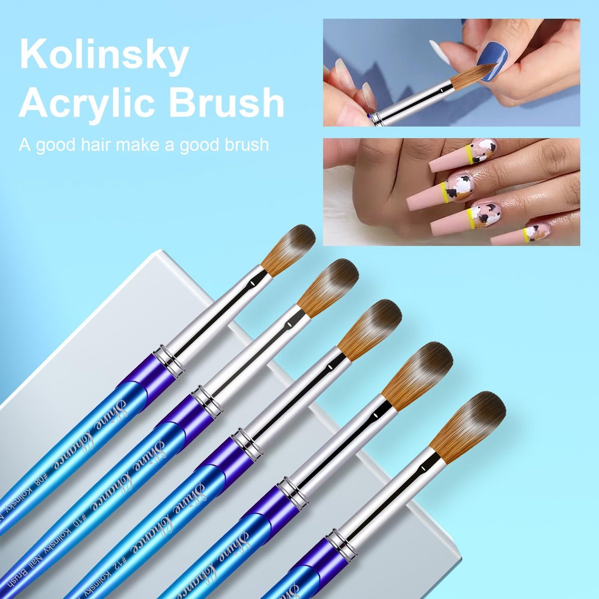 Shine Chance Acrylic Nail Brush - Size 12, 100% Pure Kolinsky Sable 3D Art Nail Brush & Application Tool - Gradient Blue Handle - görsel 6