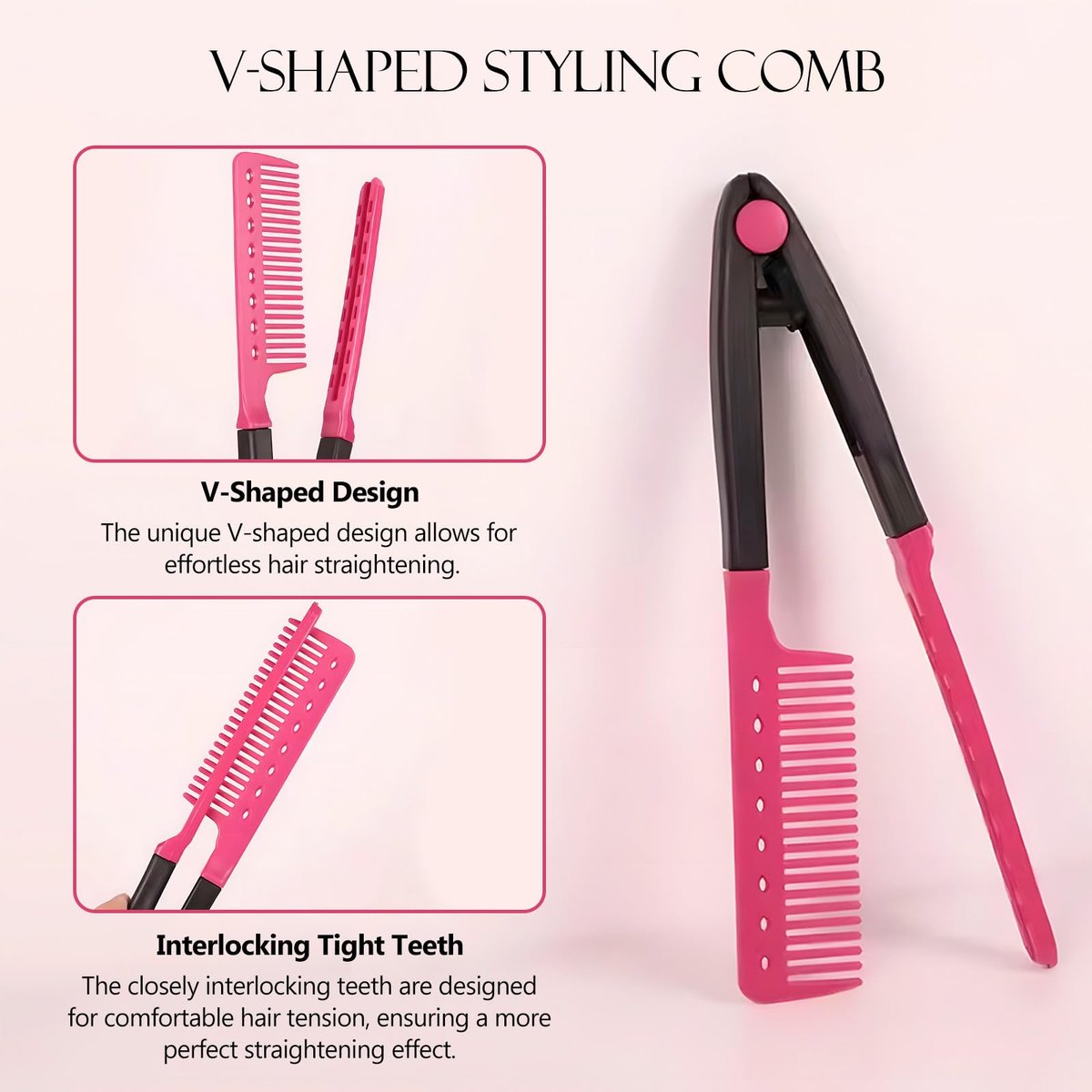 Kootinn Hair Straightening Set - 2-Pack Flat Iron Comb for Beautiful Tresses, Straightener With Firm Grip, Ideal for Knotty Hair, Styling, Pink - görsel 5