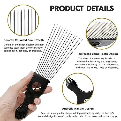 Kootinn 3-Piece Stainless Steel Afro Hair Pick Set - Fist Design for Men & Women - Natural Curly Hair Styling Tool - görsel 10