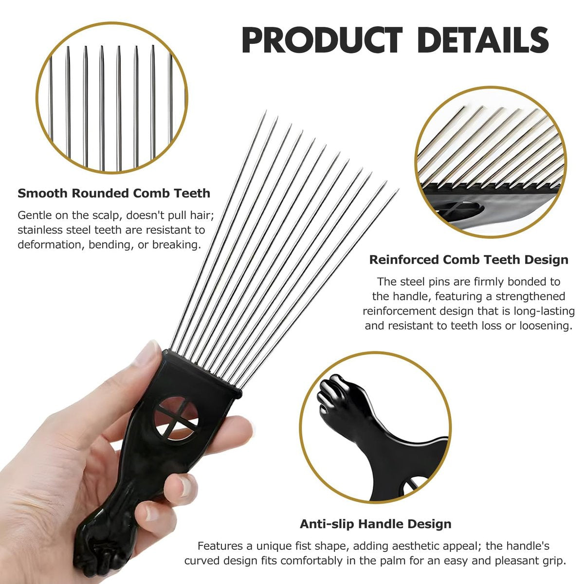 Kootinn 3-Piece Stainless Steel Afro Hair Pick Set - Fist Design for Men & Women - Natural Curly Hair Styling Tool - görsel 9