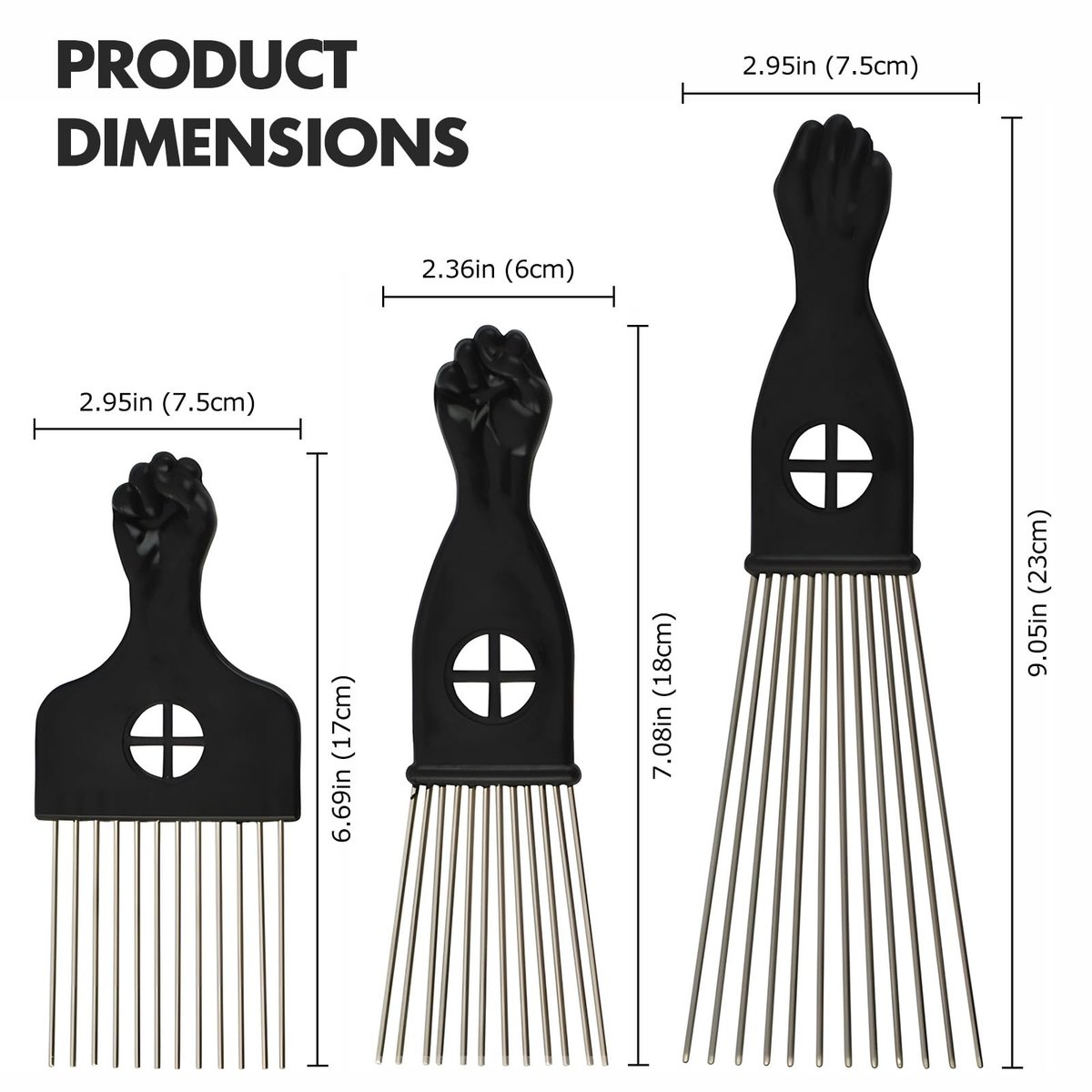Kootinn 3-Piece Stainless Steel Afro Hair Pick Set - Fist Design for Men & Women - Natural Curly Hair Styling Tool - görsel 7