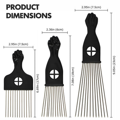 Kootinn 3-Piece Stainless Steel Afro Hair Pick Set - Fist Design for Men & Women - Natural Curly Hair Styling Tool