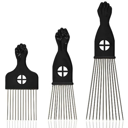 Kootinn 3-Piece Stainless Steel Afro Hair Pick Set - Fist Design for Men & Women - Natural Curly Hair Styling Tool