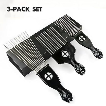 Kootinn 3-Piece Stainless Steel Afro Hair Pick Set - Fist Design for Men & Women - Natural Curly Hair Styling Tool