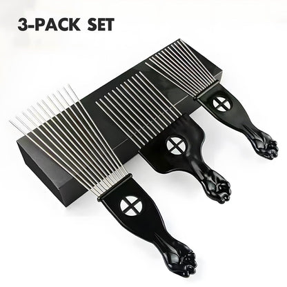 Kootinn 3-Piece Stainless Steel Afro Hair Pick Set - Fist Design for Men & Women - Natural Curly Hair Styling Tool