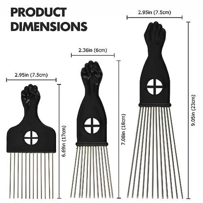 Kootinn 3-Piece Stainless Steel Afro Hair Pick Set - Fist Design for Men & Women - Natural Curly Hair Styling Tool