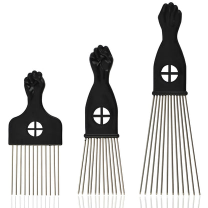 Kootinn 3-Piece Stainless Steel Afro Hair Pick Set - Fist Design for Men & Women - Natural Curly Hair Styling Tool