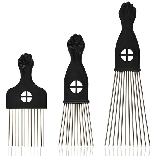 Kootinn 3-Piece Stainless Steel Afro Hair Pick Set - Fist Design for Men & Women - Natural Curly Hair Styling Tool