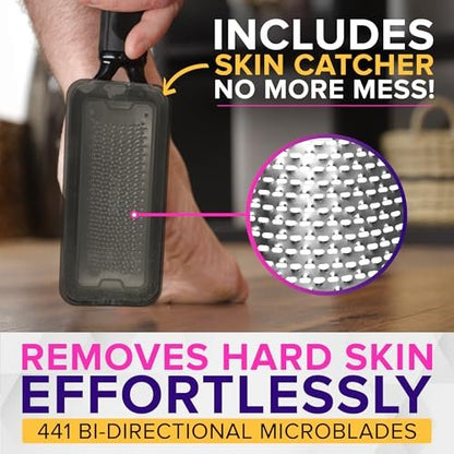 NYK1 MEGAFILE XL Foot File Callus Remover with Skin Catcher - Stainless Steel Foot Scrubber for Wet & Dry Use, Textured Grip, Black