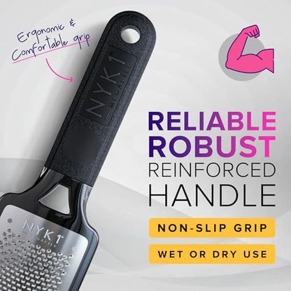 NYK1 MEGAFILE XL Foot File Callus Remover with Skin Catcher - Stainless Steel Foot Scrubber for Wet & Dry Use, Textured Grip, Black