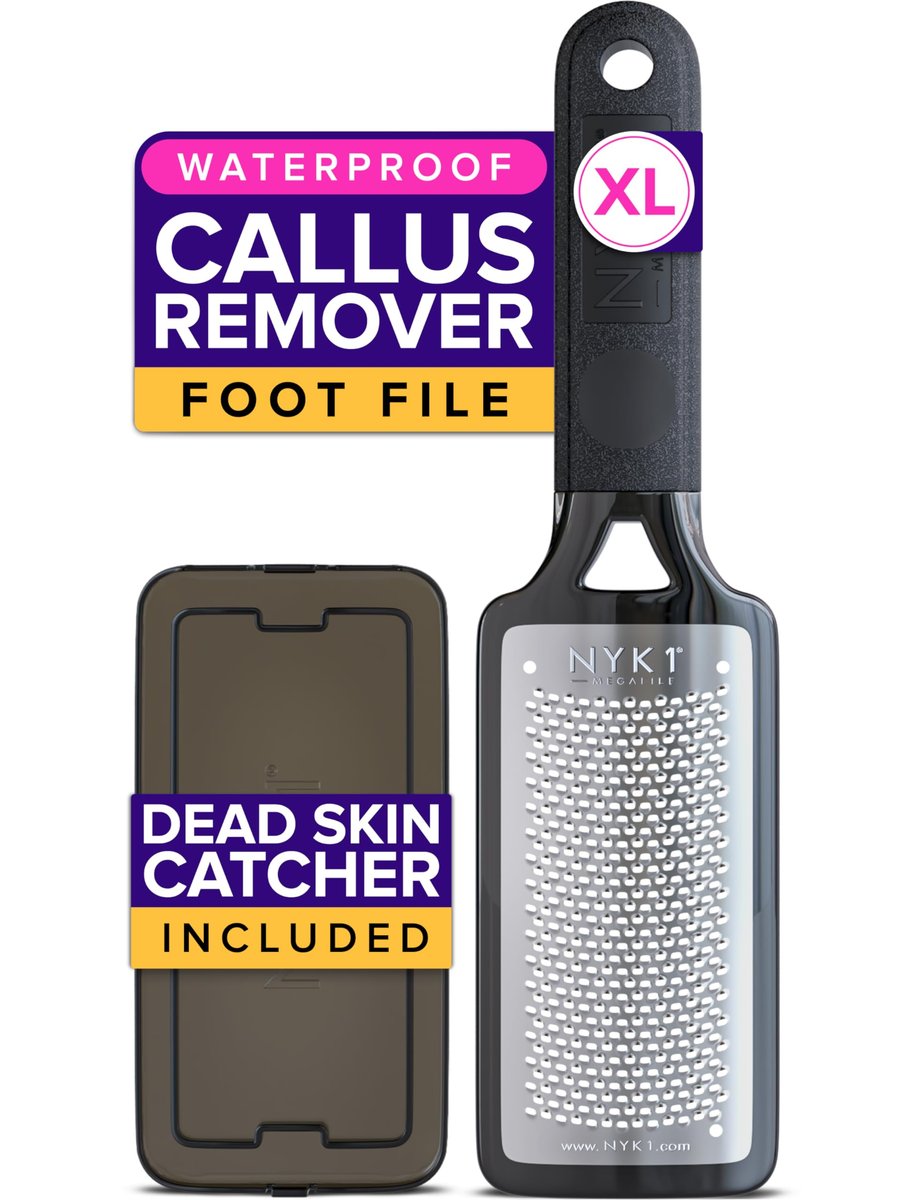 NYK1 MEGAFILE XL Foot File Callus Remover with Skin Catcher - Stainless Steel Foot Scrubber for Wet & Dry Use, Textured Grip, Black - görsel 1