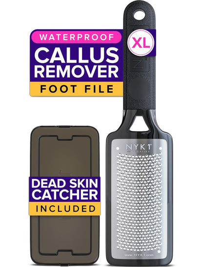 NYK1 MEGAFILE XL Foot File Callus Remover with Skin Catcher - Stainless Steel Foot Scrubber for Wet & Dry Use, Textured Grip, Black