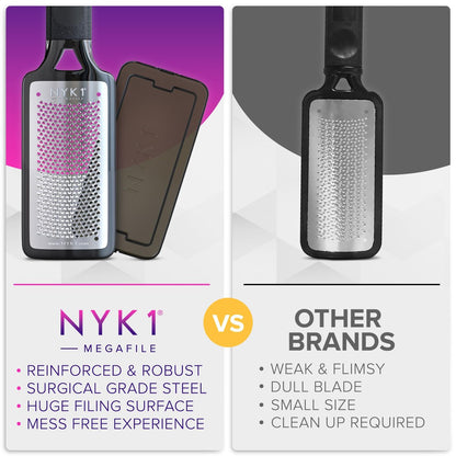 NYK1 MEGAFILE XL Foot File Callus Remover with Skin Catcher - Stainless Steel Foot Scrubber for Wet & Dry Use, Textured Grip, Black