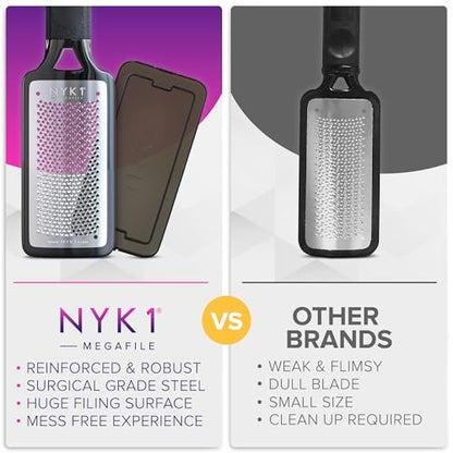 NYK1 MEGAFILE XL Foot File Callus Remover with Skin Catcher - Stainless Steel Foot Scrubber for Wet & Dry Use, Textured Grip, Black