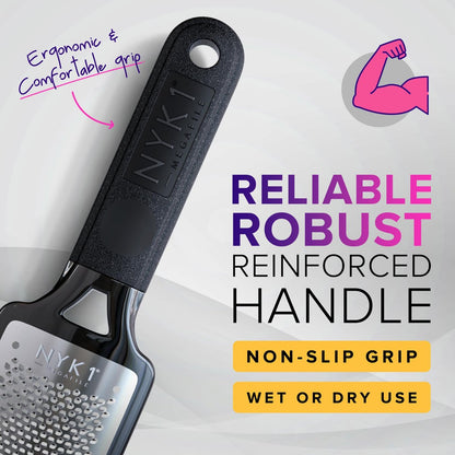 NYK1 MEGAFILE XL Foot File Callus Remover with Skin Catcher - Stainless Steel Foot Scrubber for Wet & Dry Use, Textured Grip, Black