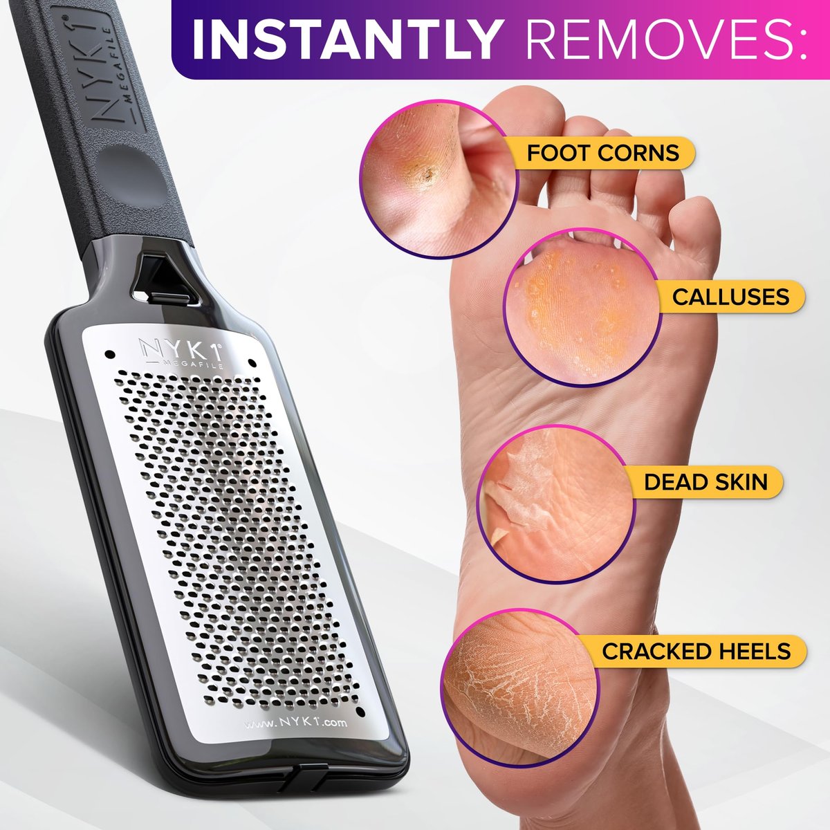 NYK1 MEGAFILE XL Foot File Callus Remover with Skin Catcher - Stainless Steel Foot Scrubber for Wet & Dry Use, Textured Grip, Black - görsel 17