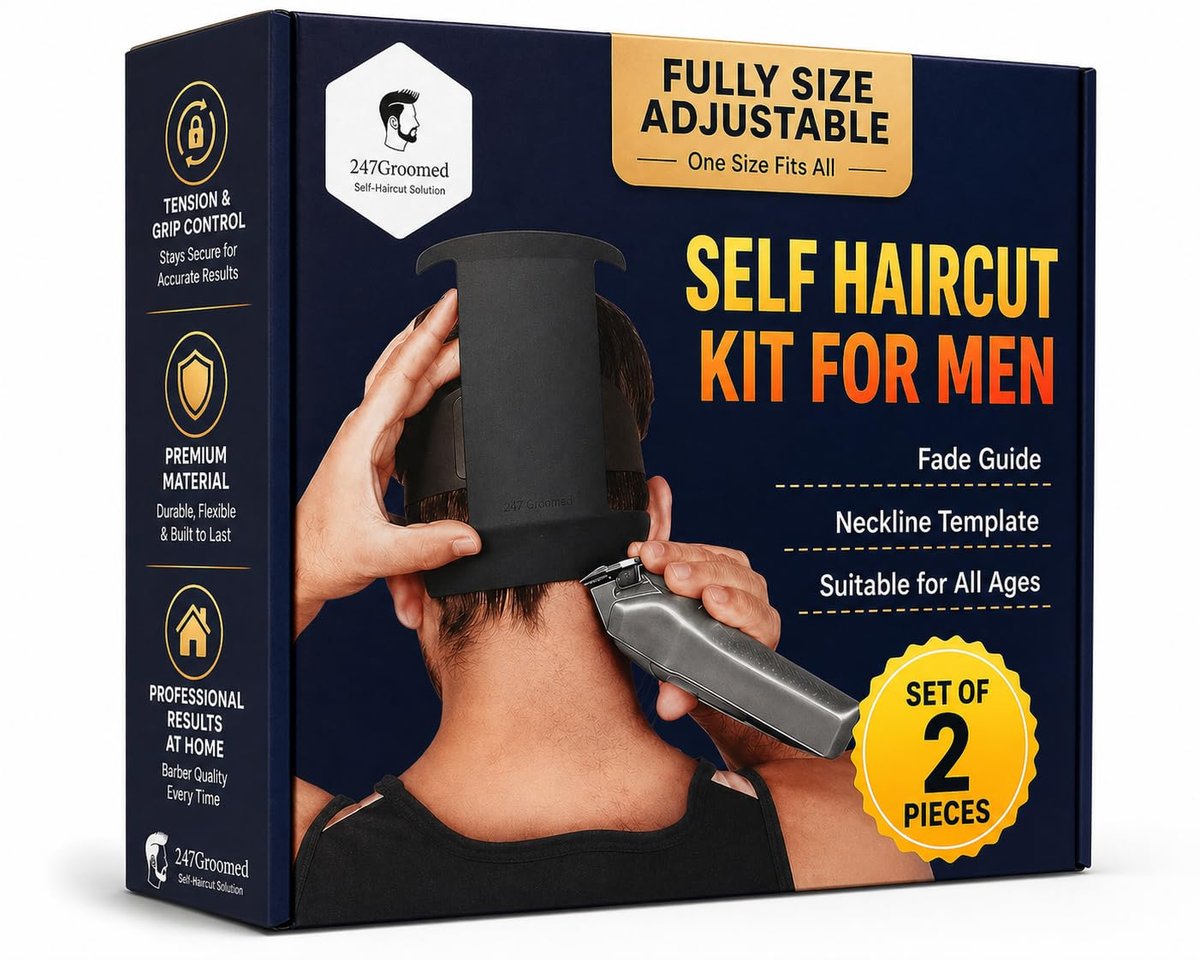 247 Groomed Self Haircut Kit for Men - 2Pcs SelfCut Guide: Neckline Shaving Template & Fade Guide - Adjustable Hair Fade Tool & Neck Line Up Tool for Kids & Seniors Avelisse
