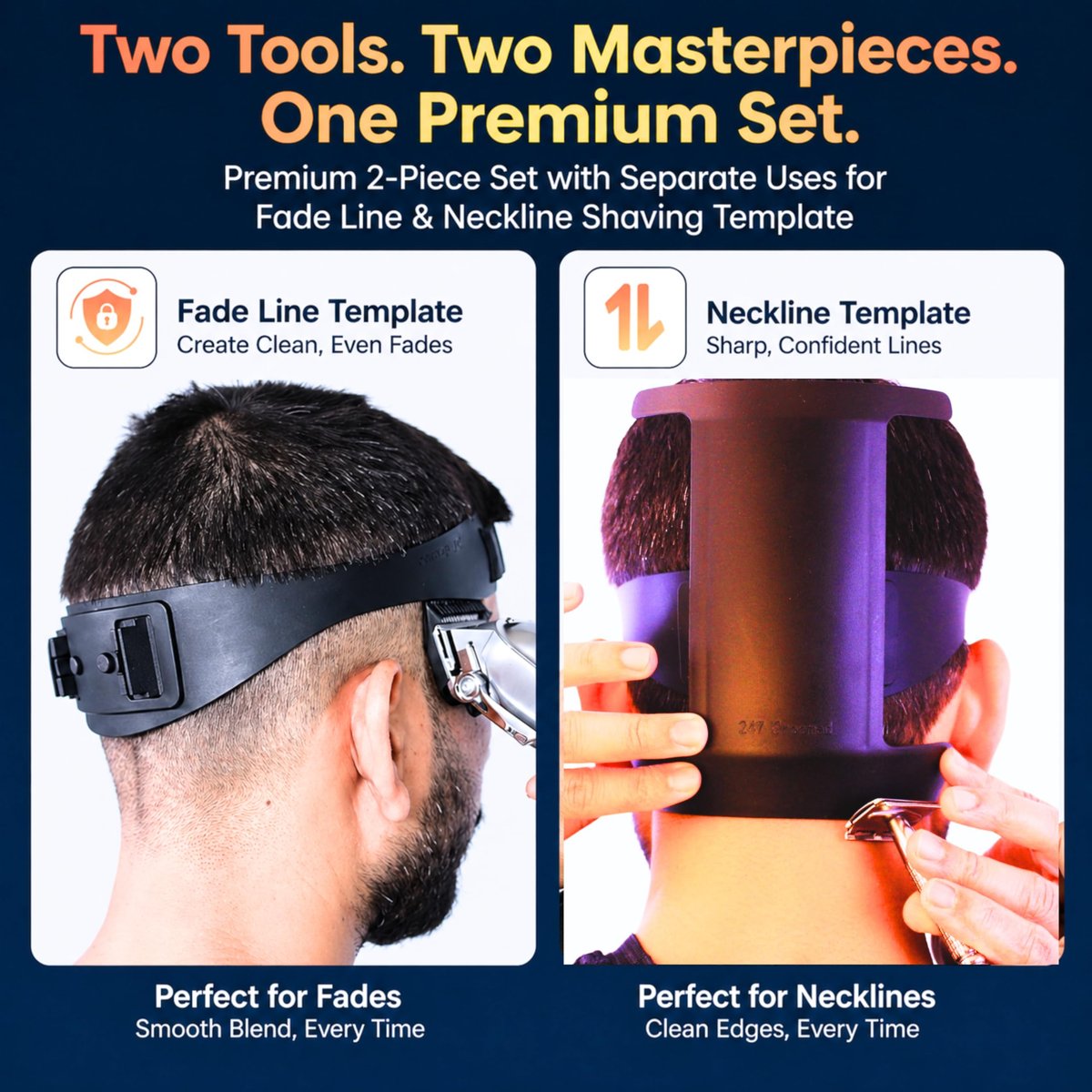 247 Groomed Self Haircut Kit for Men - 2Pcs SelfCut Guide: Neckline Shaving Template & Fade Guide - Adjustable Hair Fade Tool & Neck Line Up Tool for Kids & Seniors Avelisse