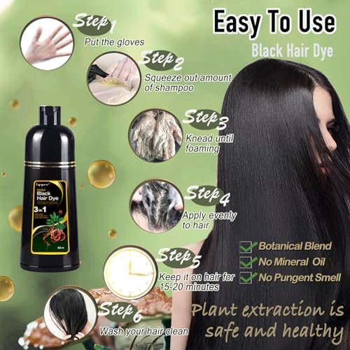 Dapoprren Black Hair Dye Shampoo 3 in 1 - Natural Gray Hair Coverage for Women and Men, Herbal Shampoo 500ml/17 Oz Avelisse