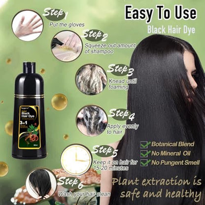 Dapoprren Black Hair Dye Shampoo 3 in 1 - Natural Gray Hair Coverage for Women and Men, Herbal Shampoo 500ml/17 Oz Avelisse