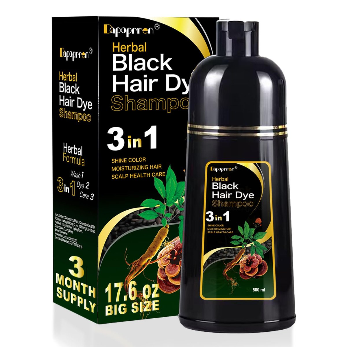 Dapoprren Black Hair Dye Shampoo 3 in 1 - Natural Gray Hair Coverage for Women and Men, Herbal Shampoo 500ml/17 Oz Avelisse