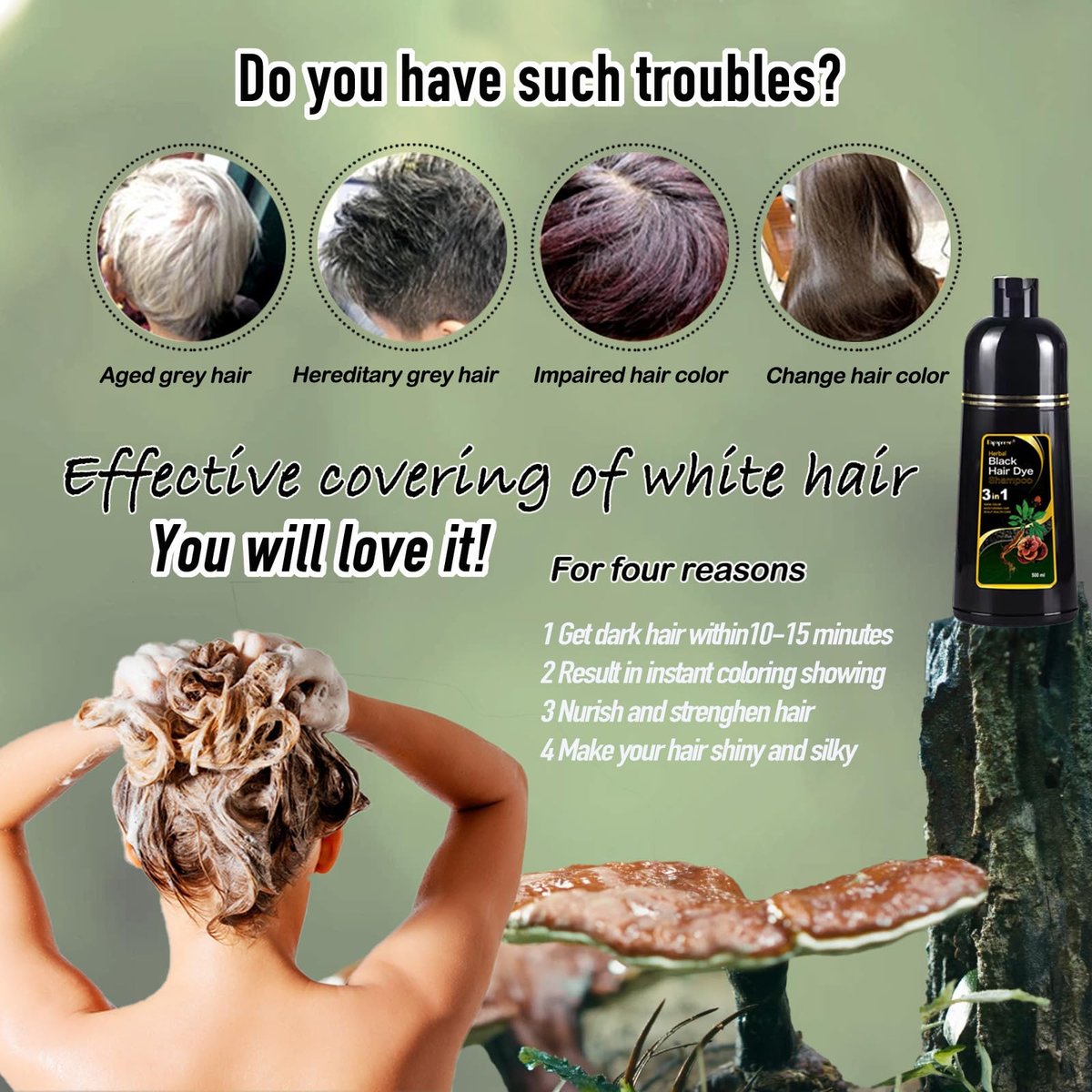 Dapoprren Black Hair Dye Shampoo 3 in 1 - Natural Gray Hair Coverage for Women and Men, Herbal Shampoo 500ml/17 Oz Avelisse