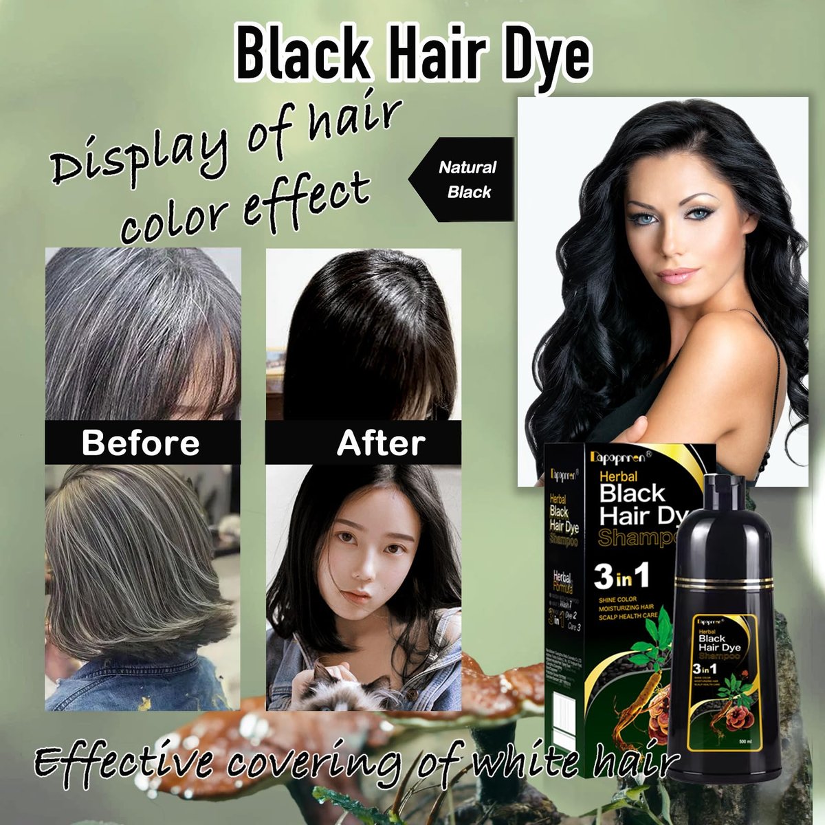 Dapoprren Black Hair Dye Shampoo 3 in 1 - Natural Gray Hair Coverage for Women and Men, Herbal Shampoo 500ml/17 Oz Avelisse