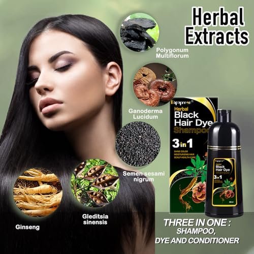 Dapoprren Black Hair Dye Shampoo 3 in 1 - Natural Gray Hair Coverage for Women and Men, Herbal Shampoo 500ml/17 Oz Avelisse