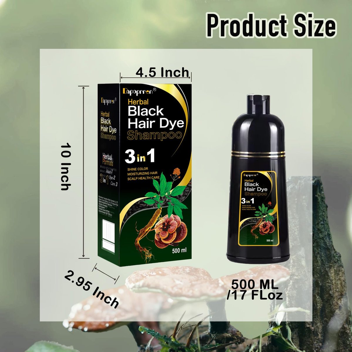 Dapoprren Black Hair Dye Shampoo 3 in 1 - Natural Gray Hair Coverage for Women and Men, Herbal Shampoo 500ml/17 Oz Avelisse