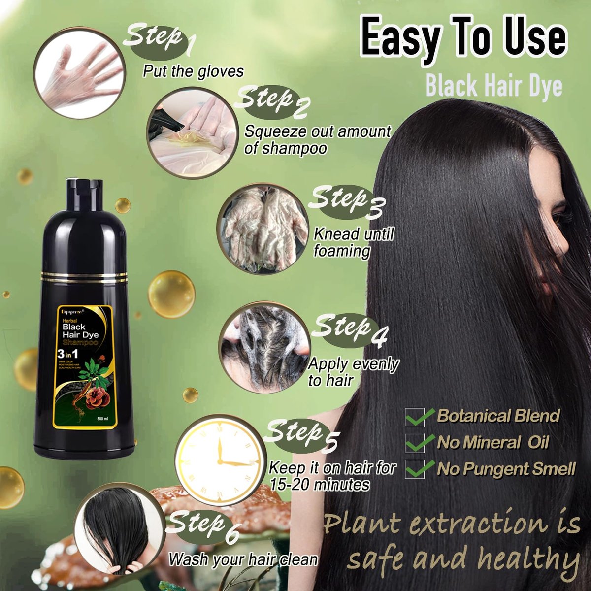 Dapoprren Black Hair Dye Shampoo 3 in 1 - Natural Gray Hair Coverage for Women and Men, Herbal Shampoo 500ml/17 Oz Avelisse