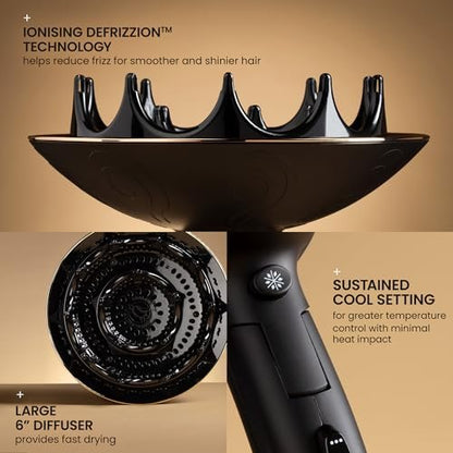 Curlsmith Defrizzion Travel Hair Dryer with Large Diffuser for Curly Hair - Reduce Frizz, 3 Speeds, 3 Heat Settings, Infrared & Ceramic Heat for Fast Drying Avelisse
