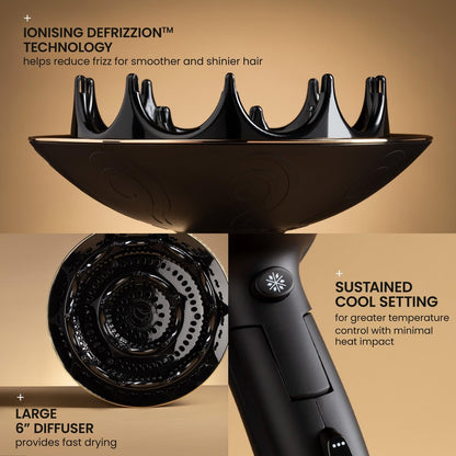 Curlsmith Defrizzion Travel Hair Dryer with Large Diffuser for Curly Hair - Reduce Frizz, 3 Speeds, 3 Heat Settings, Infrared & Ceramic Heat for Fast Drying Avelisse