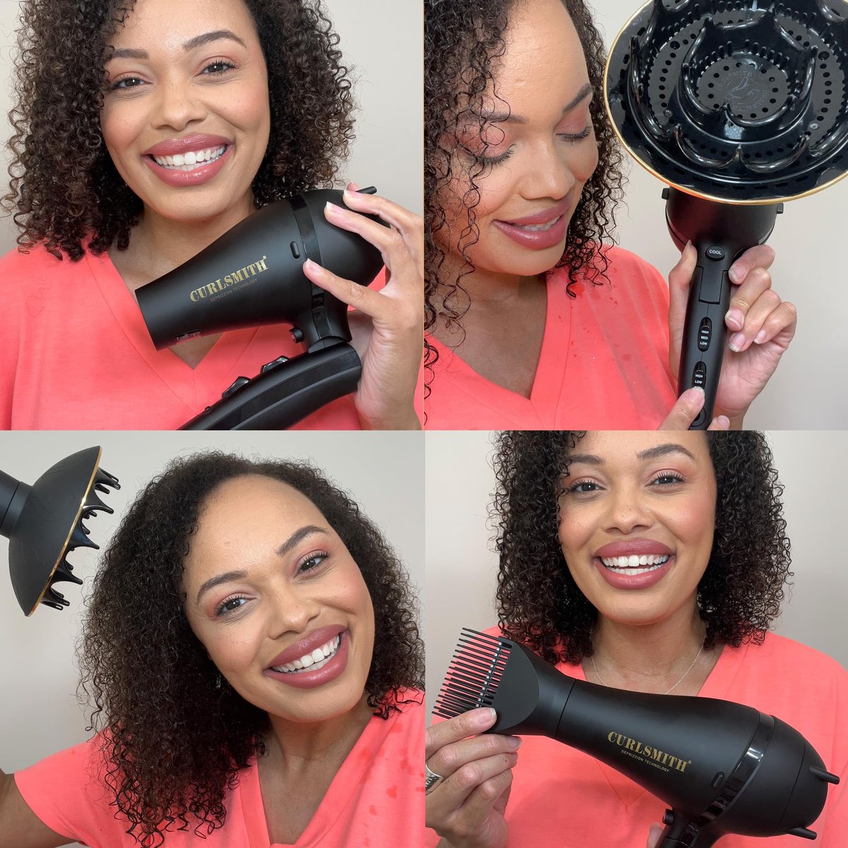 Curlsmith Defrizzion Travel Hair Dryer with Large Diffuser for Curly Hair - Reduce Frizz, 3 Speeds, 3 Heat Settings, Infrared & Ceramic Heat for Fast Drying Avelisse