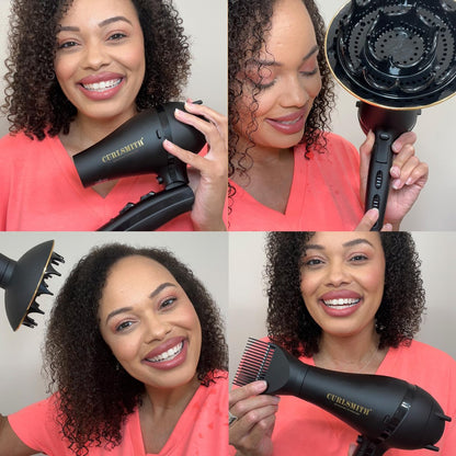 Curlsmith Defrizzion Travel Hair Dryer with Large Diffuser for Curly Hair - Reduce Frizz, 3 Speeds, 3 Heat Settings, Infrared & Ceramic Heat for Fast Drying Avelisse