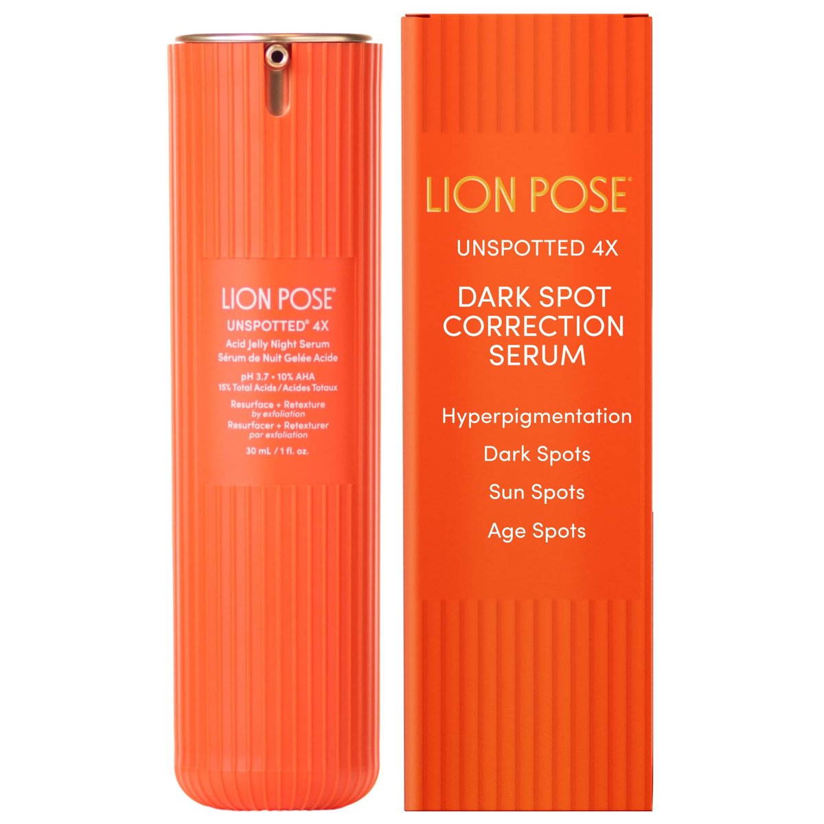 LION POSE UNSPOTTED 4X Dark Spot Correction Serum for Face and Body - Exfoliating AHA Serum with Azelaic, Glycolic, Lactic & Tranexamic Acids - Age & Sun Spot Remover, 1oz Avelisse