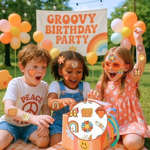 96 Pcs Groovy 70s Pre-Cut Temporary Tattoos - Retro Flower Power, Good Vibes Party Decorations & Favors for Kids, Boys & Girls - görsel 6