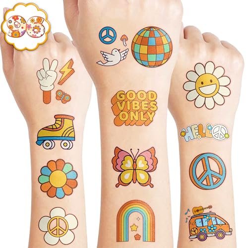 60PCS Groovy Temporary Tattoos for Kids – Pre-Cut Retro Hippie Fake Tattoos, Birthday Party Favors & Classroom Rewards - görsel 1