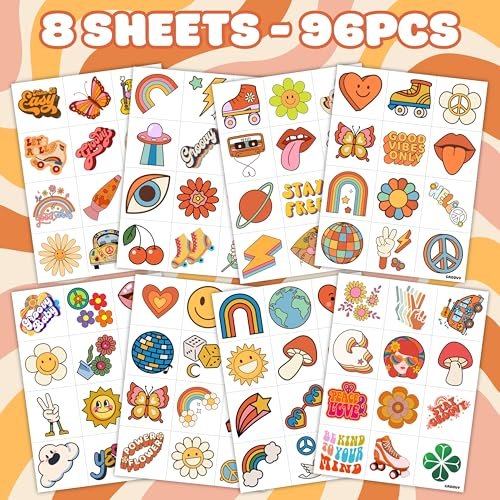 96 Pcs Groovy 70s Pre-Cut Temporary Tattoos - Retro Flower Power, Good Vibes Party Decorations & Favors for Kids, Boys & Girls - görsel 8