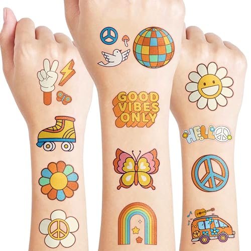 96 Pcs Groovy 70s Pre-Cut Temporary Tattoos - Retro Flower Power, Good Vibes Party Decorations & Favors for Kids, Boys & Girls - görsel 2
