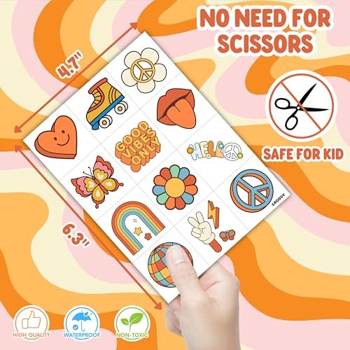 96 Pcs Groovy 70s Pre-Cut Temporary Tattoos - Retro Flower Power, Good Vibes Party Decorations & Favors for Kids, Boys & Girls - görsel 10