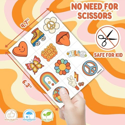 96 Pcs Groovy 70s Pre-Cut Temporary Tattoos - Retro Flower Power, Good Vibes Party Decorations & Favors for Kids, Boys & Girls