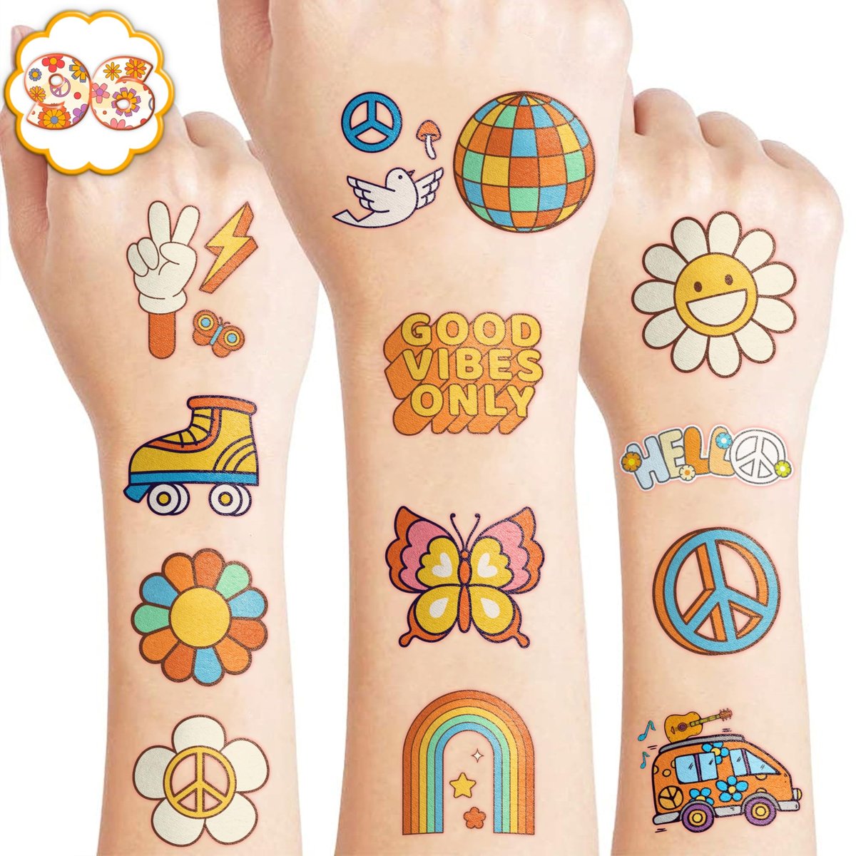 96 Pcs Groovy 70s Pre-Cut Temporary Tattoos - Retro Flower Power, Good Vibes Party Decorations & Favors for Kids, Boys & Girls - görsel 15