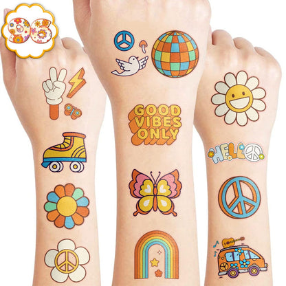 96 Pcs Groovy 70s Pre-Cut Temporary Tattoos - Retro Flower Power, Good Vibes Party Decorations & Favors for Kids, Boys & Girls